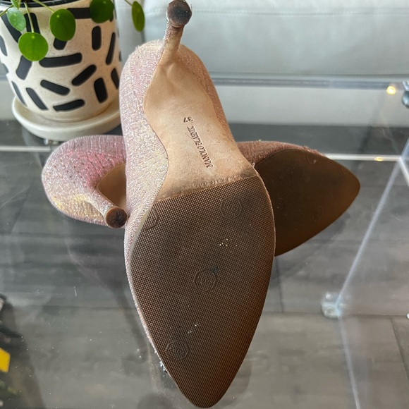 MANOLO BLAHNIK HANGISI PINK GLITTER TEXTILE STILETTO HEELS WITH CRYSTALS - Picture 9 of 10